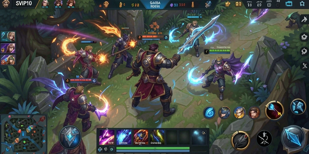 Screenshot gameplay SVIP10 menampilkan aksi seru dalam pertarungan tim MOBA.